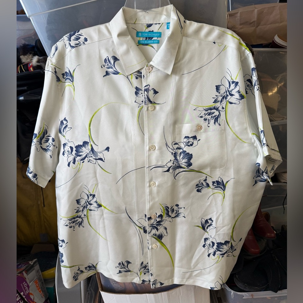 tori richard 100% mulberry silk mens short sleeve button up xl navy blue floral